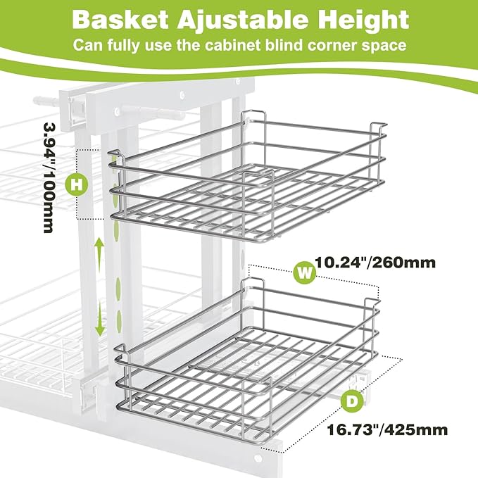 Blind Corner Pull Out Organizer for 32" Cabinet Left Open & Right Open Compatible 2 Tier 4 Shelves Adjustable Height