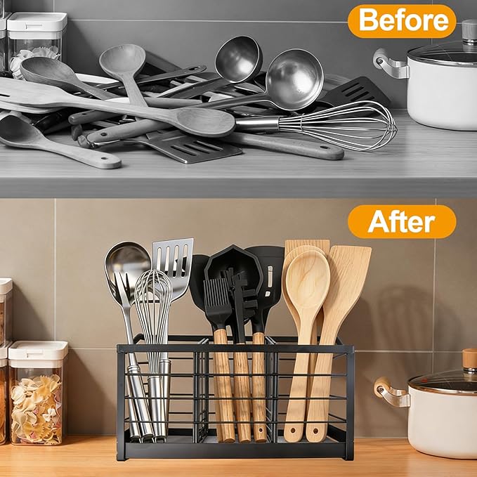 Large Kitchen Utensil Holder for Countertop, Cooking Utensil Holder Organizer with Diatomaceous Earth Base Matte Black, Utensil Organizer for Spatula and Kitchen Utensils (3 Compartments)