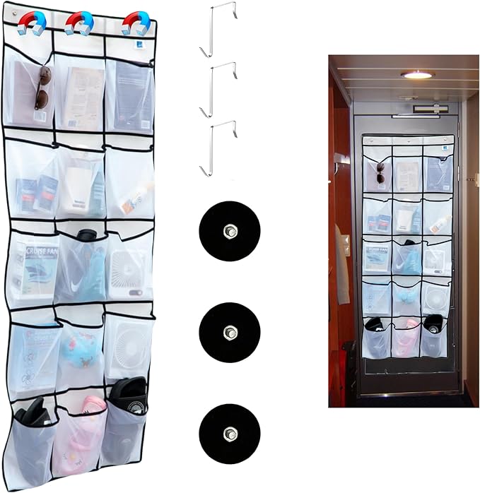 Magnetic Door Organizer with Hooks, 24 Mesh Pockets, Over Door Storage Solution, White, 60x24 Inch, Magnetic Shoe Rack Holder for Cruise Ship Cabins
