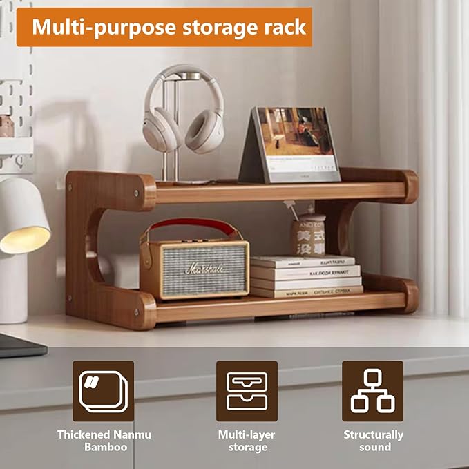Kitchen Countertop Organizer Bamboo Wooden Counter Storage Shelf Rack, Multifunctional Freestanding Shelf Unit for Bathroom (MJ-2Brown-US)