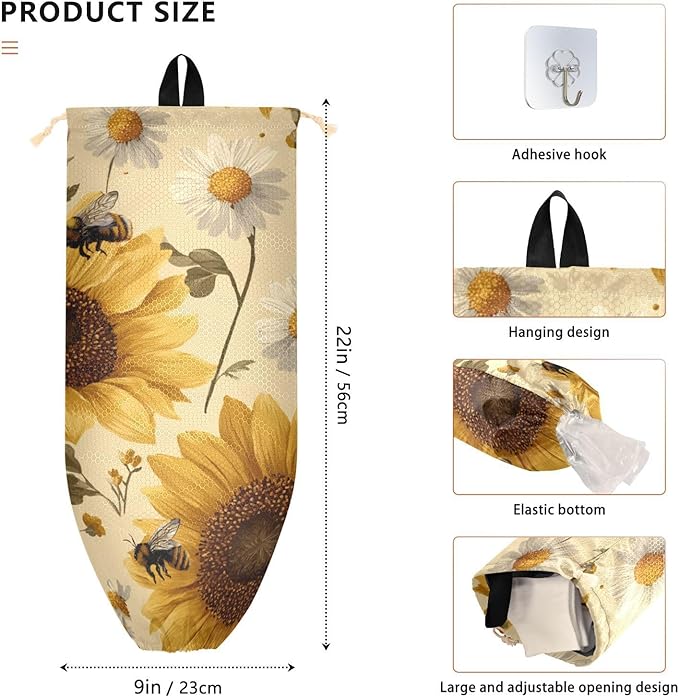 Plastic Bag Holder Wall Mount Grocery Bag Shopping Bag Storage Holder Organizer Dispenser with Adhesive Hook,for Kitchen Bathroom Home Decor 9x22 Inches Beige Sunflowers and Daisy Bees10