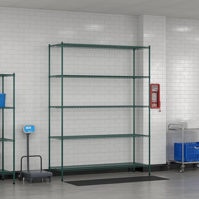 Commercial NSF Listed Green Epoxy Stationary Wire Shelving Kit 24" x 72" x 96", with 5 Shelves Perfect for Warehouse, Walk-in Refrigerator, Freezer, Grocery Store, Restaurant, Dishroom