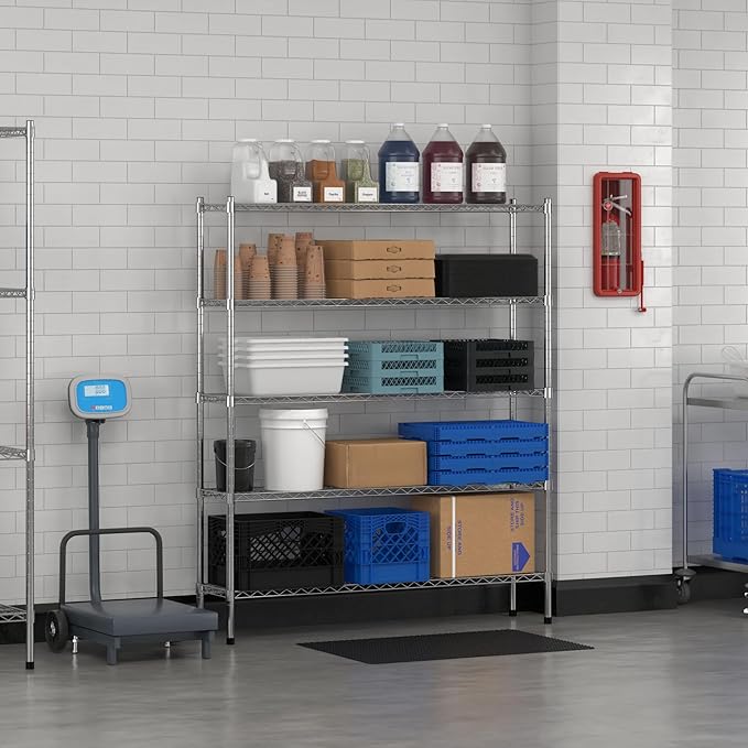 Commercial NSF Listed Chrome Stationary Wire Shelving Kit 12" x 54" x 64", with 5 Shelves Perfect for Warehouse, Walk-in Refrigerator, Freezer, Grocery Store, Restaurant, Dishroom