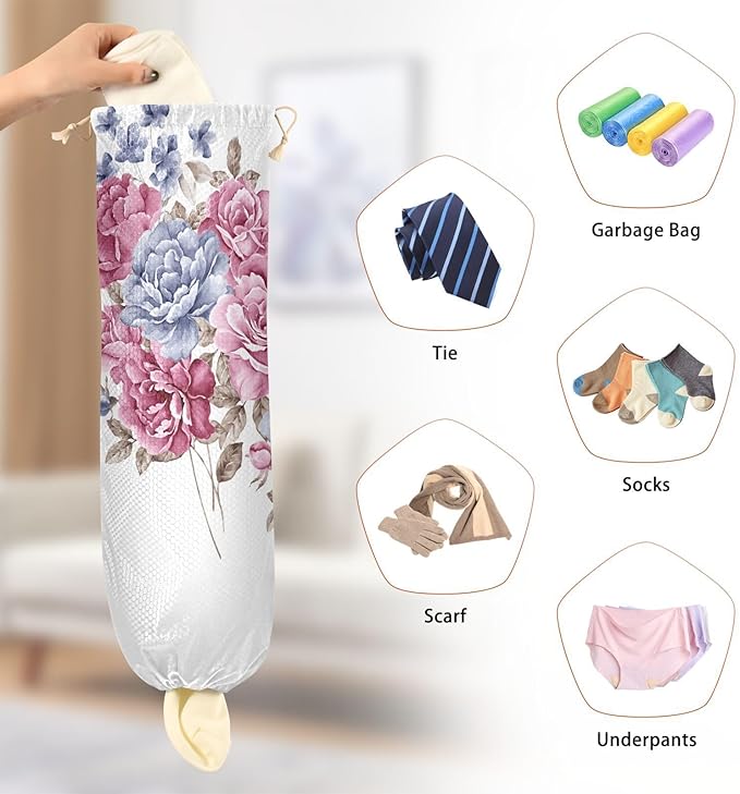 Plastic Bag Holder Wall Mount Grocery Bag Shopping Bag Storage Holder Organizer Dispenser with Adhesive Hook,for Kitchen Bathroom Home Decor 9x22 Inches Flower Red43