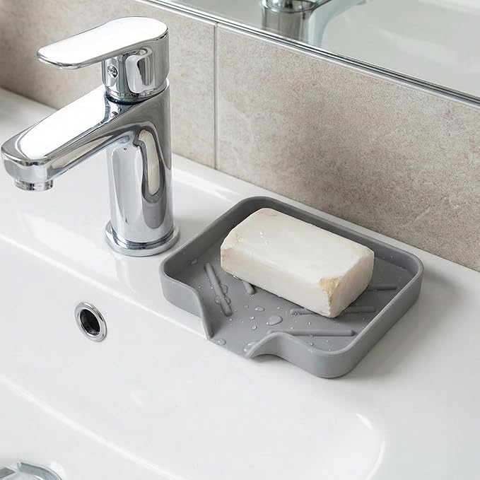 Silicone Bathroom Soap Dishes with Drain Spout Soap Dispenser Tray Sponge Holder Self Draining Kitchen Sink Counter Organizer Caddy for Dispenser Scrubber Bottle Cup(Grey)