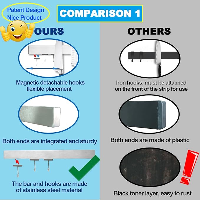 YIIYIIN 16 Inch Magnetic Knife Holder for Wall Mount with Magnetic Hooks - No-Drill Adhesive - Knife Magnetic Strip - 304 Stainless Steel Magnetic Kitchen Utensil Hanger/Holder/Rack/Bar