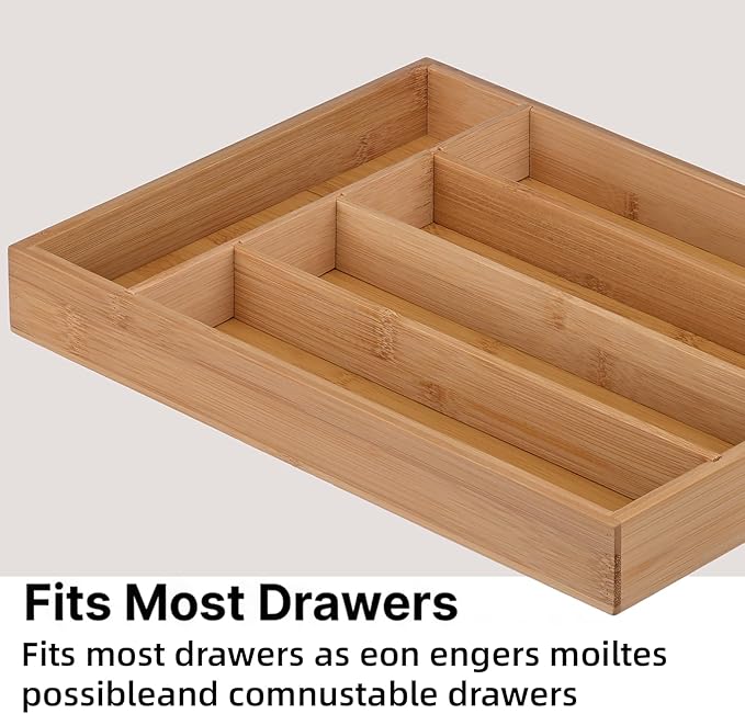 Wooden Silverware Organizer for Drawer, Bamboo Utensil Drawer Organizers, Kitchen Utensil Organizer Tray with 5 Storage Compartments, Flatware Organizers for Cutlery Flatware 13.1 x 9.8 x 1.5"