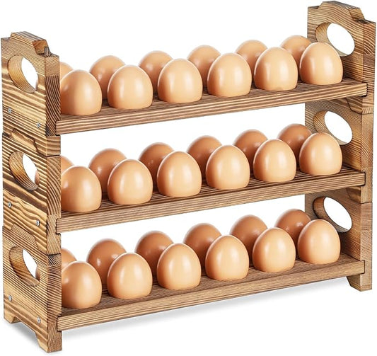 AOOHOOA Wooden Egg Holder & Storage-3Tier /36-Hole Stackable Holds Fresh Eggs, Farmhouse Eggs Rack Wood, Rustic Countertop Chicken Egg Organizer Wood with Distressed Finish for Home Kitchen Decoration