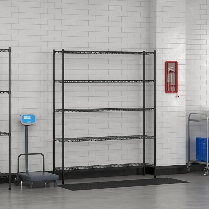 Commercial NSF Listed Black Epoxy Stationary Wire Shelving Kit 14" x 60" x 74", with 5 Shelves Perfect for Warehouse, Walk-in Refrigerator, Freezer, Grocery Store, Restaurant, Dishroom
