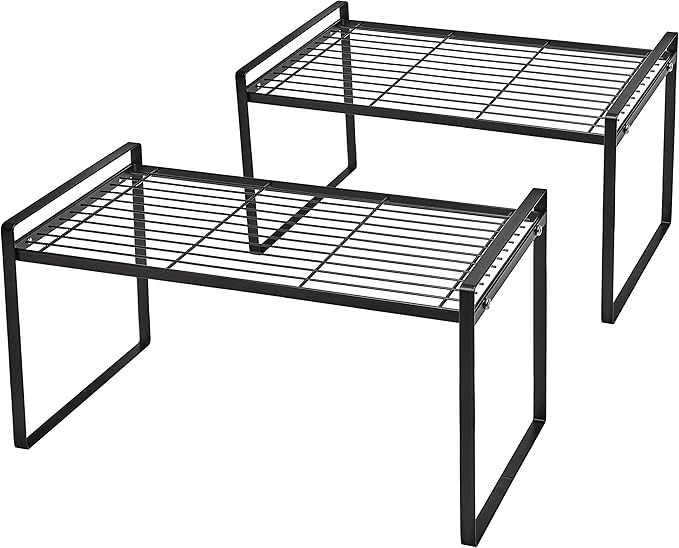 2Pack Cabinet Shelf Organizer Storage Rack Space Saving for Kitchen Counter Pantry Bathroom Cupboard Under Sink Office Table Steel Stackable Rust Resistant Heavy Duty Nonslip 16” Black - Tall
