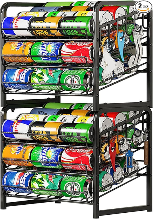 6-Tier Stackable Soda Can Rack Organizer for Pantry, Adjustable Can Dispenser Holds Up to 60 Cans, with 12 Hooks, Can Storage Holder for Various Ounces of Canned Food Soda Drinks, Black, 2 Pack