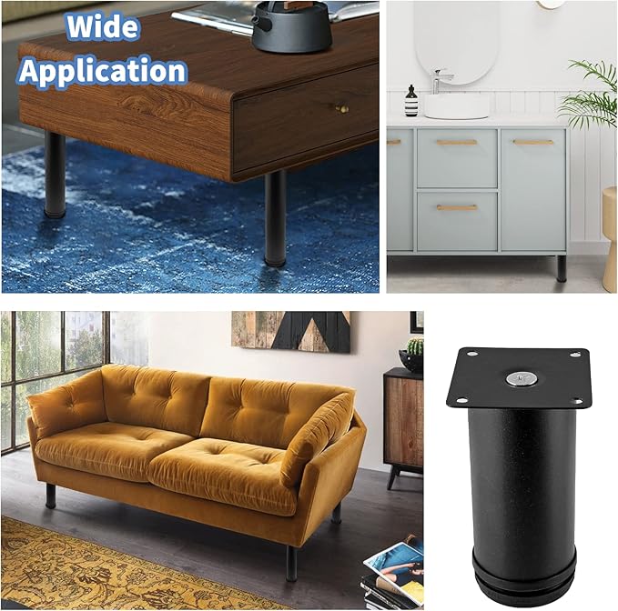 Set of 4 Stainless Steel Furniture Legs 5 Inch, Adjustable Round Cabinet Legs 2" Dia Kitchen Feet, Metal Replacement Legs for Cabinet Sofa Couch Shelves Table (Black)