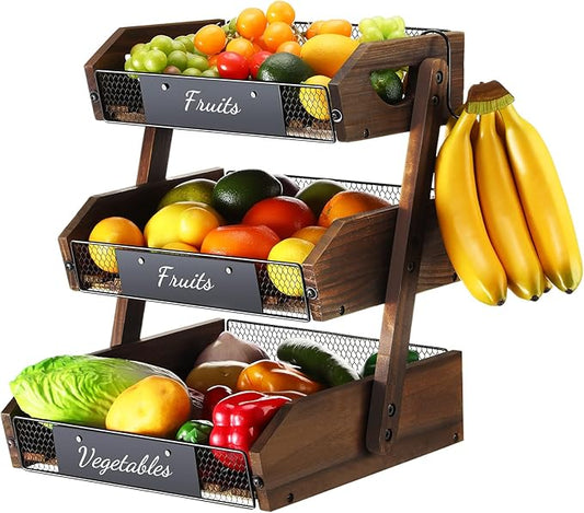 3 Tier Fruit Basket for Kitchen Counter Organizer with Banana Hangers Wooden Fruit Basket Kitchen Counter Storage Holder for Onion Potato Bread Vegetable Organize(11.7 x 12.5 x 15.7 Inches)