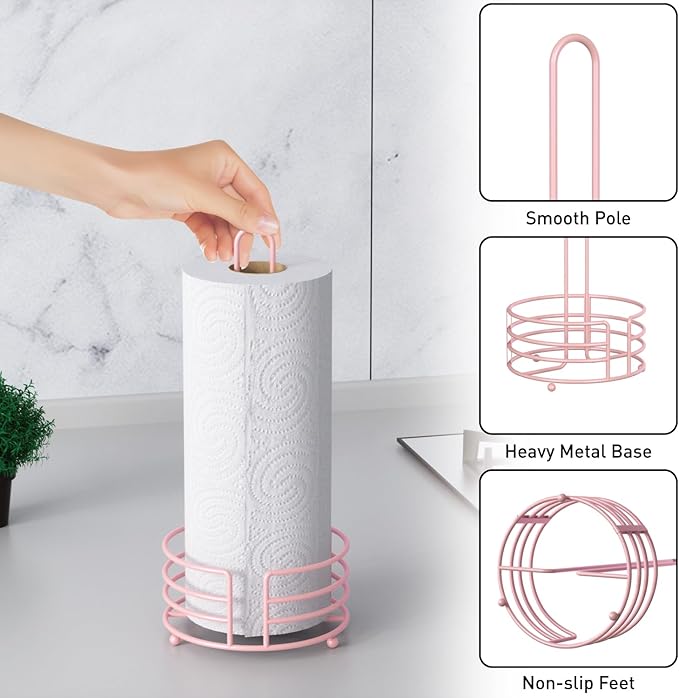 Buruis Paper Towel Holder for Countertop, Metal Standing Paper Towel Dispenser with U-Shape Handle and Stable Base, Pink