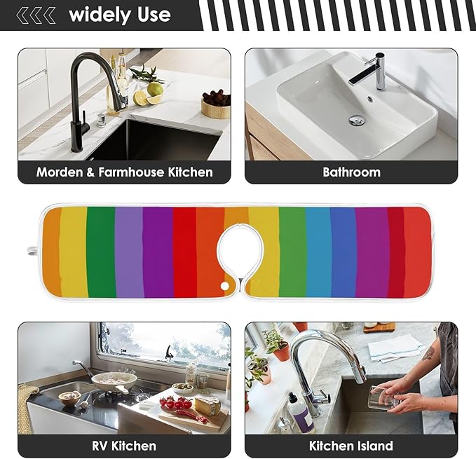 2 PCS Kitchen Sink Splash Guard 23.6 Inch Faucet Mat for Kitchen Sink Bathroom Sink Faucet Absorbing Drip Drain Mat Pad Microfiber Soft Washable Colorful Stripes