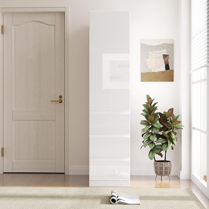 Tall Narrow Kitchen Pantry Cabinet with Drawers and Door Racks, 23.6 Inch Deep White Food Storage Cupboard for Kitchen, Deep Narrow Pantry Cabinet for Small Spaces