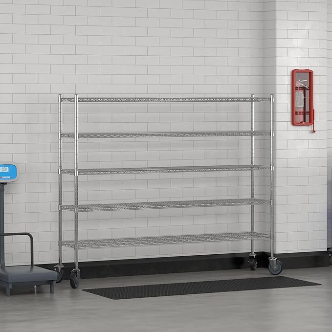Commercial NSF Listed Chrome Mobile Wire Shelving Kit 14" x 72" x 60", with 5 Shelves Perfect for Warehouse, Walk-in Refrigerator, Freezer, Grocery Store, Restaurant, Dishroom