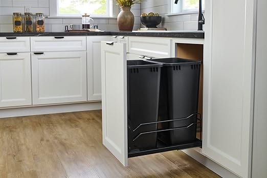 Rev-A-Shelf Double Pullout Trash Can for Under Kitchen Cabinets 50 Qt. 12.5 Gallon w/Soft-Close Slides for 21” Base Cabinets Black, 53WC-2150SCDM-218