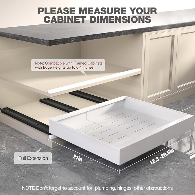 6 Pack Pull Out Cabinet Organizer 21" Deep,Full Extension 3 Slide Rails Slide Out Drawers With Raising Pad for Framed Cabinets,Expandable Width (12.3"-20.5"),No Drill Roll Out Shelves,White