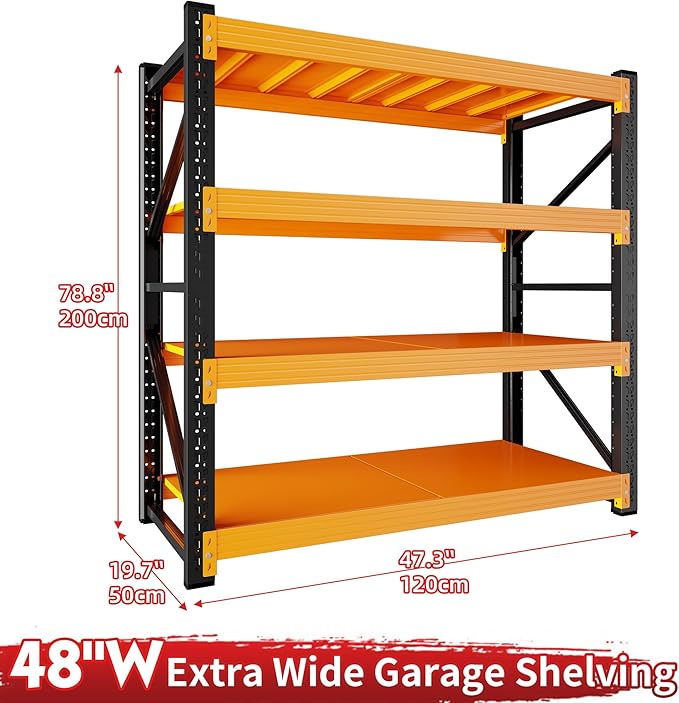 48" W Garage Shelving 3000LBS Garage Shelving Heavy Duty 4-Tier Metal Storage Shelves Adjustable Shelf Unit Storage Rack for Basement Supermarket Warehouse 48" W x 20" D x 78" H Black-Orange