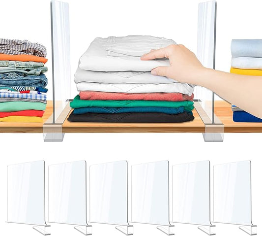 Acrylic Shelf Dividers, Clear Shelf Divider for Closet Organization, Closet Shelf Separators for Clothes/Purses, Wood Shelves Organizer in Bedroom, Kitchen, Office, Cabinets, Bathroom Storage (6PCS)