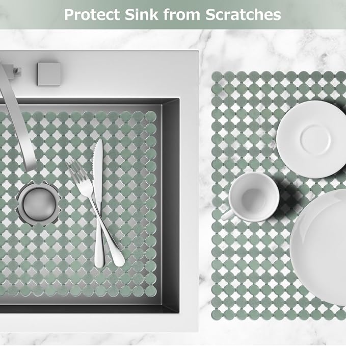 Kitchen Sink Mat for Stainless Steel/Ceramic Sinks,2 Pack Dish Sink Mats for Kitchen Sink with Scissors, Fast Draining,Easy to Clean,DIY Cut,15.7 X 11.8 Inch(Green)
