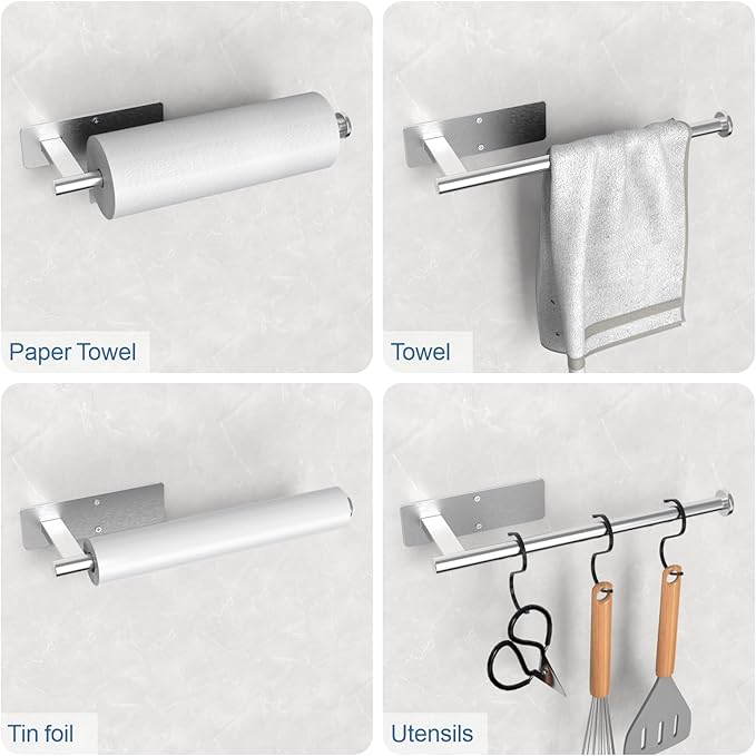 Paper Towel Holder Under Cabinet 2 Pack, Upgraded Adhesive Paper Towel Holder Wall Mount for Kitchen, Bathroom, RV, Bend-Resistant, Self-Adhesive or Drill mounting, Stainless Steel, Silver
