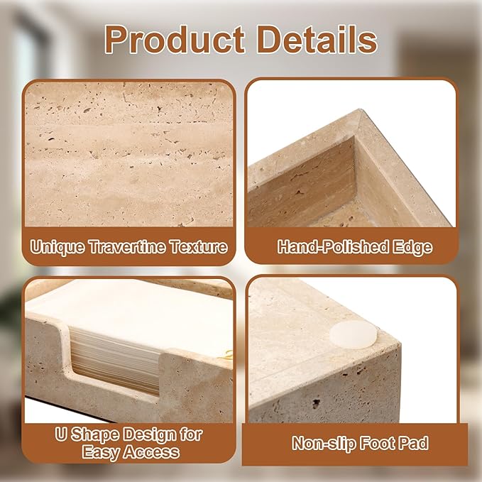 Guest Towel Holder Natural Travertine Bathroom Napkin Holder Luxe Stone Napkin Holder for Bathroom,Stylish Guest Towel Holder Tray for Bathroom Vanity Toilet Dining Table, Beige