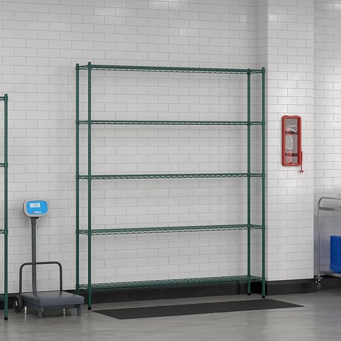 Commercial NSF Listed Green Epoxy Stationary Wire Shelving Kit 12" x 72" x 86", with 5 Shelves Perfect for Warehouse, Walk-in Refrigerator, Freezer, Grocery Store, Restaurant, Dishroom