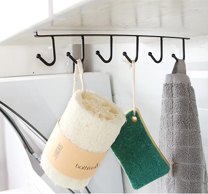 1 Pack Hanging Hooks Rack Under Cupboard Cabinet Cup Holder 6 Hooks Drilling Free Coffee Mug Holder Kitchen Utensil Storage Organizer Hook Rack (White)