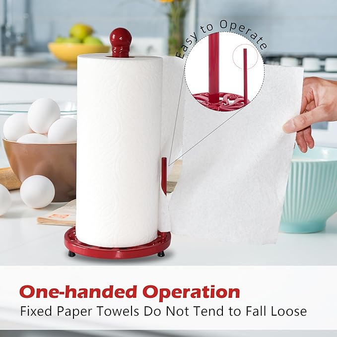 Vintage Paper Towel Holder Countertop - Cast Iron Standing Roll Paper Towel Dispenser with Elegant and Heavy Daffodil Pattern Base for Kitchen Décor, Red