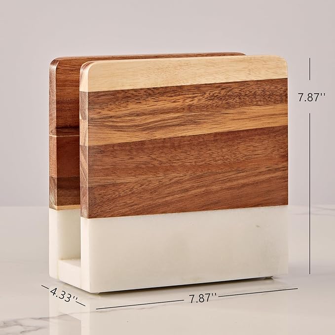 Marble Wood Napkin Holder, Square Heavy Duty Table Standing Tissue Dispenser, Handmade Natural Wood and Marble Tissue Holder, Napkin Dispenser for Home, Kitchen Countertop, Dining Room