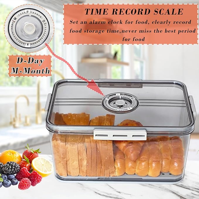 Bread Box Bread Boxes for Kitchen Counter Airtight,Time Recording Bread Storage Container with Lid, Bread Keeper for Homemade Bread, Toast, Bagel, Donut and Cookies, Grey