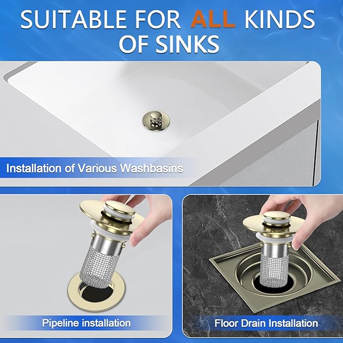 Sink Stopper Hair Catcher, Pop-up Sink Drain Strainer with Removable Stainless Steel Strainer Basket Hair Catcher, Bathroom Sink Strainer for Bathroom Sink Stopper Replacement(Brushed Gold-1PCS)