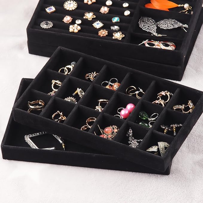 Jewelry Organizer Tray,Stackable Velvet Jewelry Trays,Set of 8 Drawer Inserts Earring Organizer For Women Girls Jewelry Storage Display Case for Rings Stud Necklaces (Black)