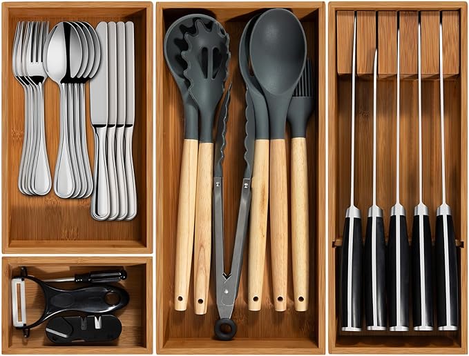 Carbonized Bamboo Kitchen Silverwar Drawer Organizer,14.2 inch Length Natural Utensil Flatware Organizers Tray Storage for Spoons Forks & Knives