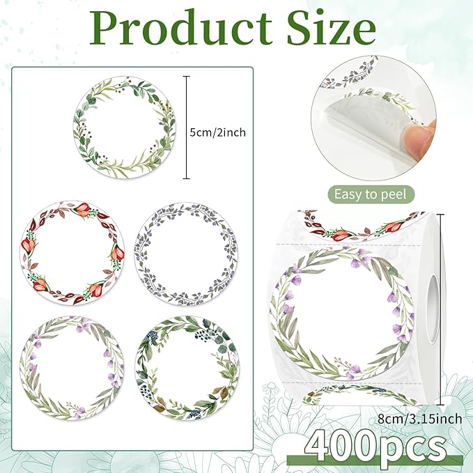 400Pcs Canning jar Labels,2 inch White Mason jar Labels,Christmas Gift Labels Tags Stickers,5 Design of Floral Wreath,Spice Labels Stickers for Storage Organizing Tags Envelop Seal
