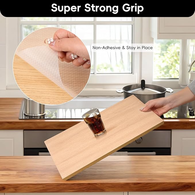 Shelf and Drawer Liner for Kitchen Cabinet，Non Adhesive Durable EVA Shelf Paper, Non Slip Waterproof Decorative Mats for Dresser Cupboard Refrigerator Bathroom Grip Shelves（Clear,12 in X 10 Ft ）