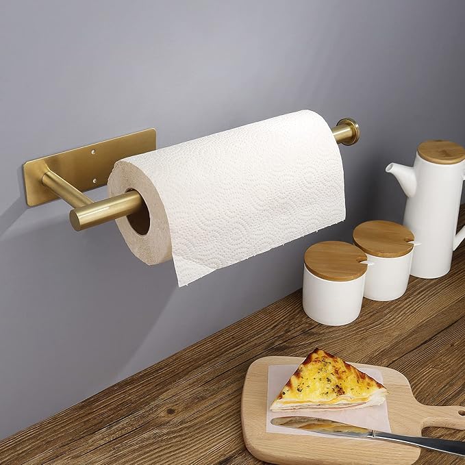 Gold Paper Towel Holder Under Cabinet, Self Adhesive Paper Towel Roll Holder Stick on Wall, Stainless Steel Towel Paper Holder for Kitchen Bathroom