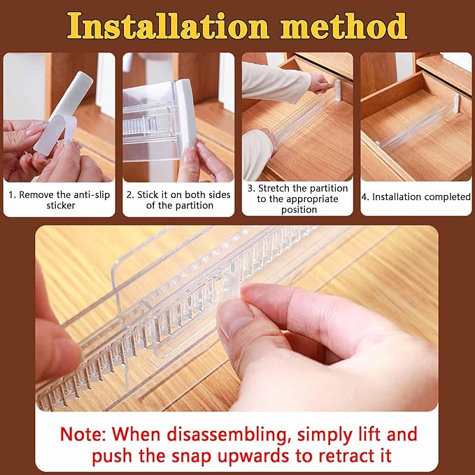 8 Pack Drawer Dividers for Clothes, 3.15" High 11.34"-19.69" Adjustable Expandable Dresser Drawer Organizer, Clear Plastic Separators for Dresser, Baby Clothing, Underwea