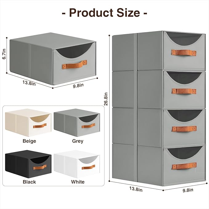 Stackable Storage Drawers - Collapsible Storage Bins with Drawers, 6 Pack Closet Shelf Organizer Basket, Fabric Pull Out Organizer for Bedroom, Living Room, Dorm, Grey
