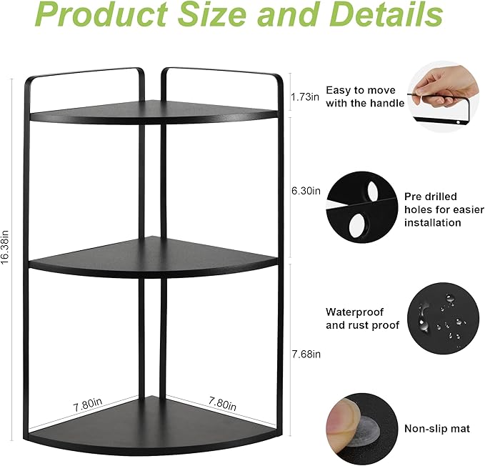 3 Tier Corner Bathroom Counter Organizer, Countertop Organizer, Vanity Organizers, Bathroom Storage Sink Shelf, Wooden and Metal Counter Shelf, Perfume Organizer for Makeup Tray (Large Capacity-Black)