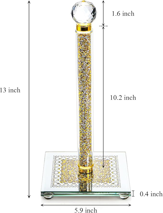 Suwimut Paper Towel Holder, Gold Paper Towel Roll Dispenser Stand Weighted Base Non Slip Filled with Sparkly Crystal Crushed Diamond House Decor for Home Kitchen Countertop Tabletop