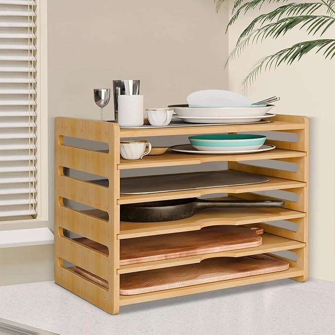 6 Tier Wooden Tray Dividers for Cabinets, Kitchen Vertical Tray Divider Organizer for Storing Baking Sheets Pans Lids Cutting Boards