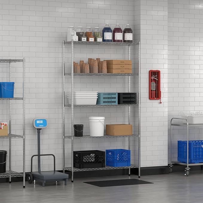 Commercial NSF Listed Chrome Stationary Wire Shelving Kit 14" x 48" x 86", with 5 Shelves Perfect for Warehouse, Walk-in Refrigerator, Freezer, Grocery Store, Restaurant, Dishroom