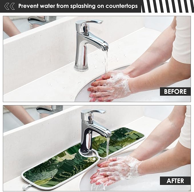 2 PCS Kitchen Sink Splash Guard 14.9 Inch Faucet Mat for Kitchen Sink Bathroom Sink Faucet Absorbing Drip Drain Mat Pad Microfiber Soft Washable Dark Green Cactus Plants