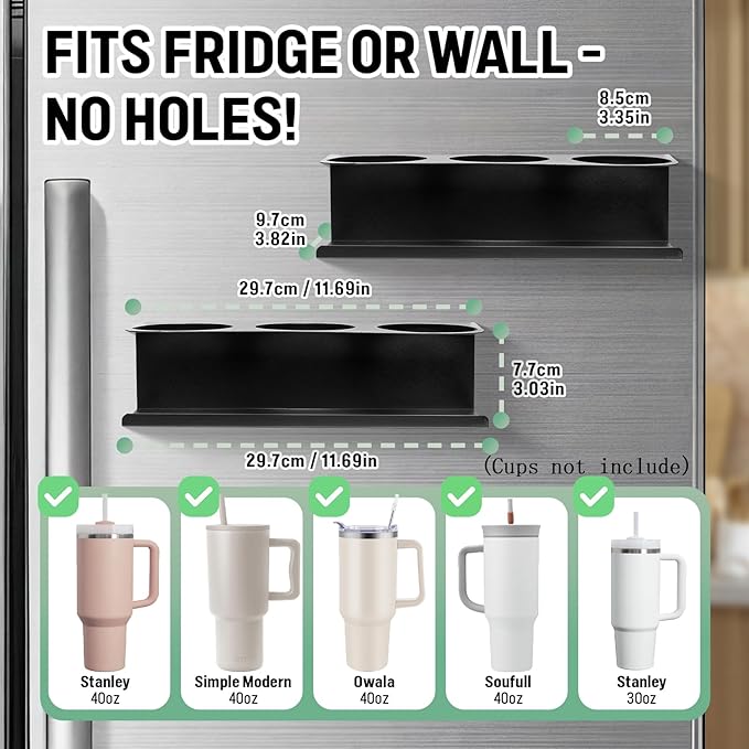 2 Pack Magnetic Stanley Cup Holder Water Bottle Organizer for Stanley 30&40 oz Tumbler with Double Sided Tape Hold Stanley Cup Accessories for Kitchen Fridge Cabinet