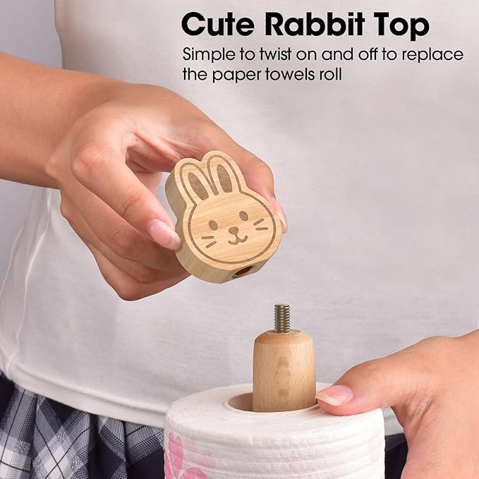 KitchLife Cute Wooden Paper Towel Holder Countertop - Solid Freestanding Paper Towel Dispenser Stand Organizer with Anti-Skid Base (Rabbit)