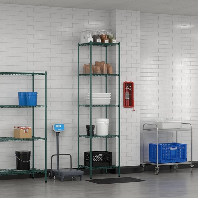 Commercial NSF Listed Green Epoxy Stationary Wire Shelving Kit 21" x 24" x 96", with 5 Shelves Perfect for Warehouse, Walk-in Refrigerator, Freezer, Grocery Store, Restaurant, Dishroom
