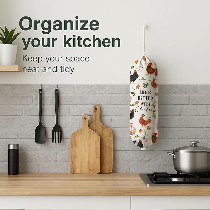 Farmhouse Plastic Bag Holder for Kitchen Essentials, Life Is Better with Chickens Plastic Bags Holder, Reusable Hanging Trash Sack Dispenser, Wall Mount Plastics Sack Storage Container Dispenser